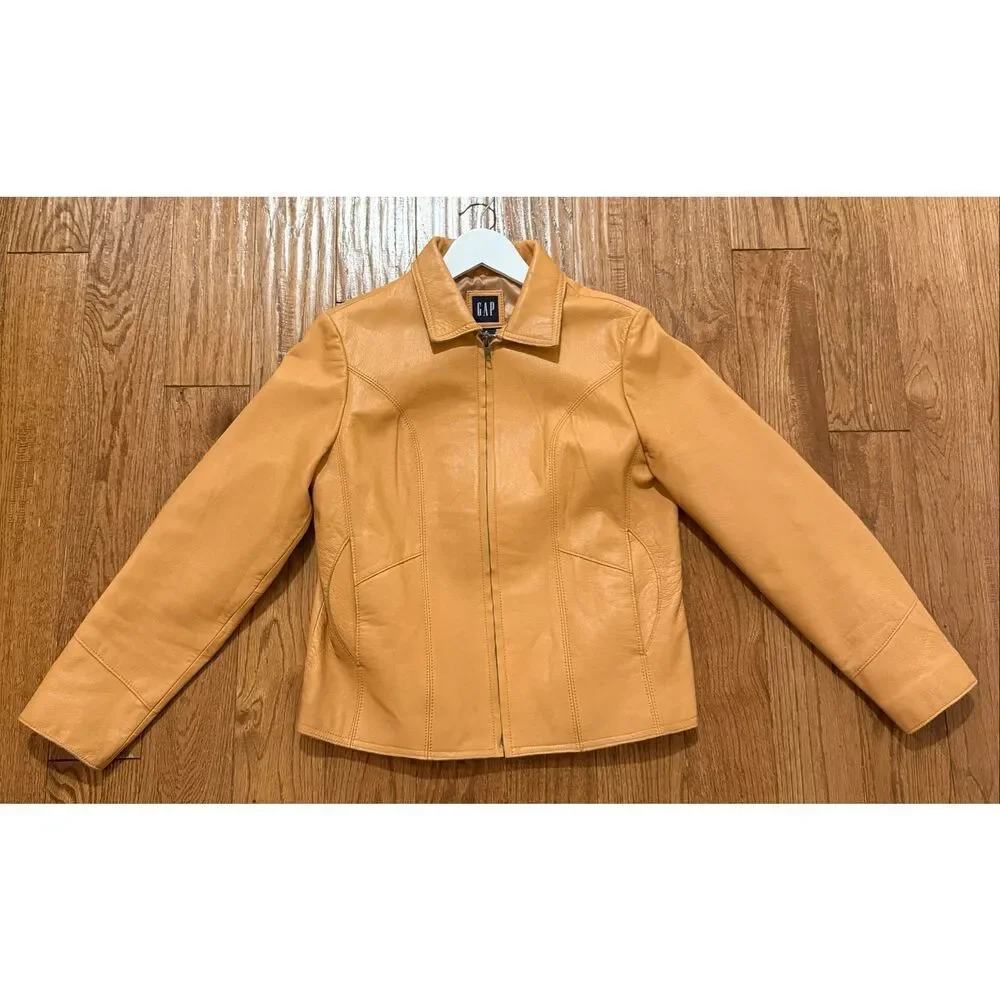 Gap Vintage 100% leather tan zip front jacket size small
